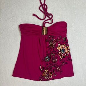 Live To Be Spoiled Magenta Halter Top XL Beaded Floral Y2K McBling Pink 2000s